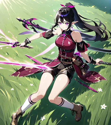 4K High Resolution,female elf,black hair with magenta reflections,ponytail,Being in the grassland,magenta star-shaped pupil eyes,wearing a dark red top,Black Shorts,white socks and light brown boots,Waist with a sword,lively,Gentle Elegance