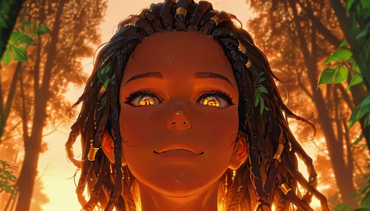 1girl, tan skin, dreadlock hair, low-angle view, detailed portrait, realistic, photorealistic, high resolution, 8k, physically-based rendering, beautiful face, warm skin tone, intense gaze, mesmerizing eyes, serene expression, flowing dreadlocks, natural l...