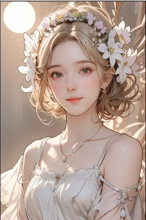 (Young and beautiful woman), (Calm and gentle girlish smile), (Almost straight medium blonde silver-gray hair), (Close-up), portrait, (Plain shirt in a simple color), Bright primary colors used partially as accents, (Slim figure), Small necklace, Fine and ...