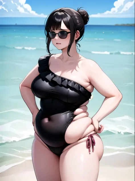 ((Highest quality)), ((masterpiece)), (detailed) Perfect hands, Perfect Fingers, anime, Ultra-fine illustration, (One woman),, One Shoulder One Piece Swimsuit, Black hair bun, (Dark sunglasses),  adult, mature, ashamed, embarrassed, ,Are standing, (Put you...