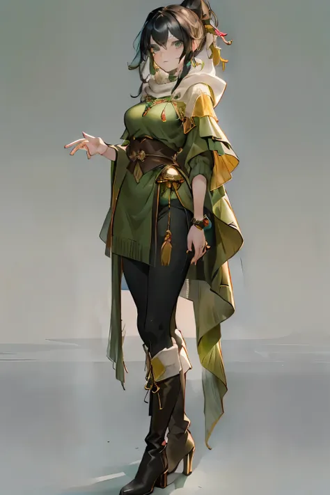 (( ultra-detailed, masterpiece, absurd, full-length)) full-length woman, detailed eyes, black hair, high ponytail, green eyes, fantasy green clothing, black trousers, knitted poncho, boots, talismans, knitted cape, hood, gold jewelry, plants, dark backgrou...