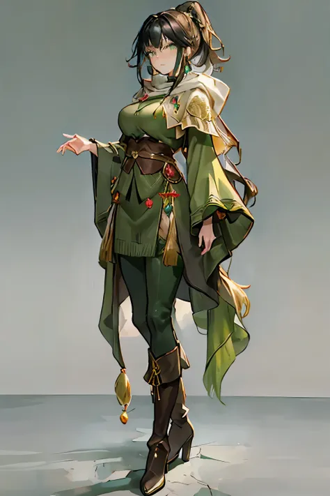 (( ultra-detailed, masterpiece, absurd, full-length)) full-length woman, detailed eyes, black hair, high ponytail, green eyes, fantasy green clothing, black trousers, knitted poncho, boots, talismans, knitted cape, hood, gold jewelry, plants, dark backgrou...