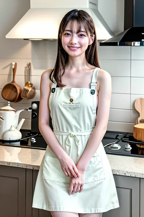 (top quality、Table Top、8k、best image quality、winning work)、1. Cute girls、( completely naked and wearing only a white apron:1.1)、( perfect pure white apron :1.1)、 perfect portrait photo 、Beautiful skin、brown hair、(Highlight Your Body Line:1.standing g...