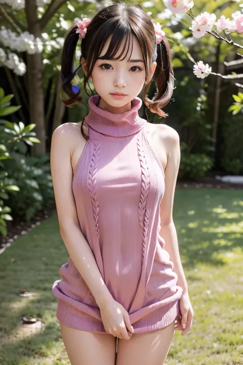 standing under a cherry tree, Japanese girl,20 year old idol girl , cute, (light pink virgin killer sweater:1.3), Shining eyes, dark haired twin tail, Depth of the bounds written, f/1.8, anatomically correct, Roughskin , super detail, more information, hig...