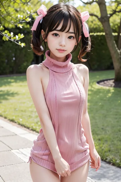 standing under a cherry tree, Japanese girl,20 year old idol girl , cute, (light pink virgin destroyer sweater:1.3), Shining eyes, dark haired　twin tail, Depth of the bounds written, f/1.8, anatomically correct, Roughskin , super detail, more information, ...