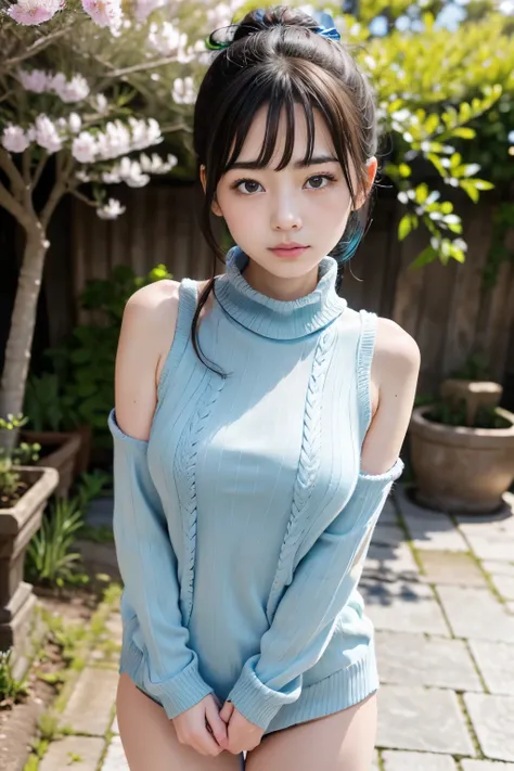 standing under a cherry tree, Japanese girl,20 year old idol girl , cute, (light blue Virgin-killing sweater:1.3), Shining eyes, black hair ponytail, Depth of the bounds written, f/1.8, anatomically correct, Roughskin , super detail, more information, high...