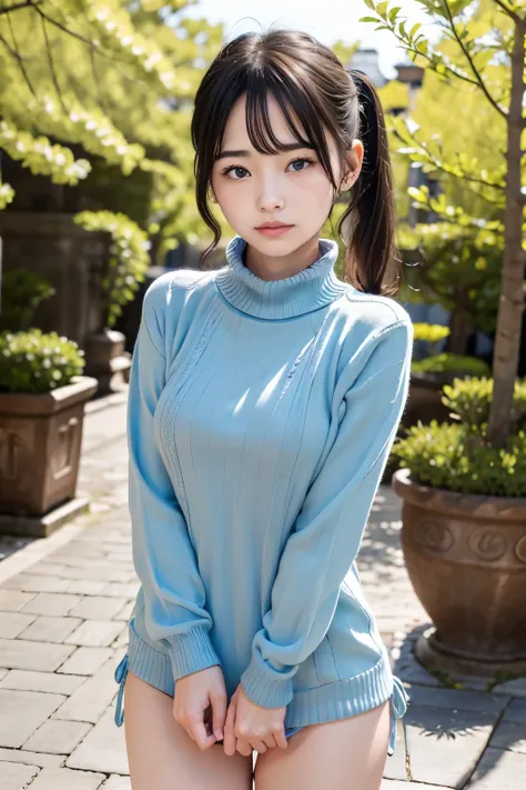 standing under a cherry tree, Japanese girl,20 year old idol girl , cute, (light blue Virgin-killing sweater:1.3), Shining eyes, black hair ponytail, Depth of the bounds written, f/1.8, anatomically correct, Roughskin , super detail, more information, high...