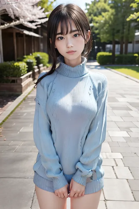 standing under a cherry tree, Japanese girl,20 year old idol girl , cute, (light blue Virgin-killing sweater:1.5), Shining eyes, black hair ponytail, Depth of the bounds written, f/1.8, anatomically correct, Roughskin , super detail, more information, high...