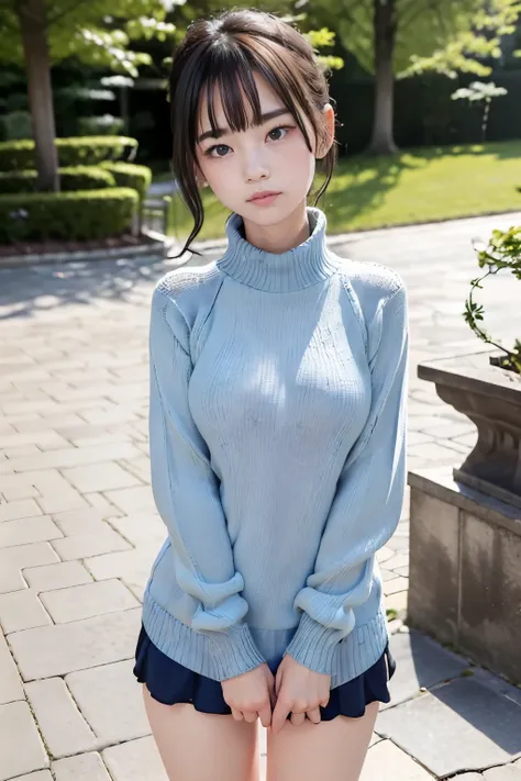 standing under a cherry tree, Japanese girl,20 year old idol girl , cute, (light blue Virgin-killing sweater:1.5), Shining eyes, black hair ponytail, Depth of the bounds written, f/1.8, anatomically correct, Roughskin , super detail, more information, high...