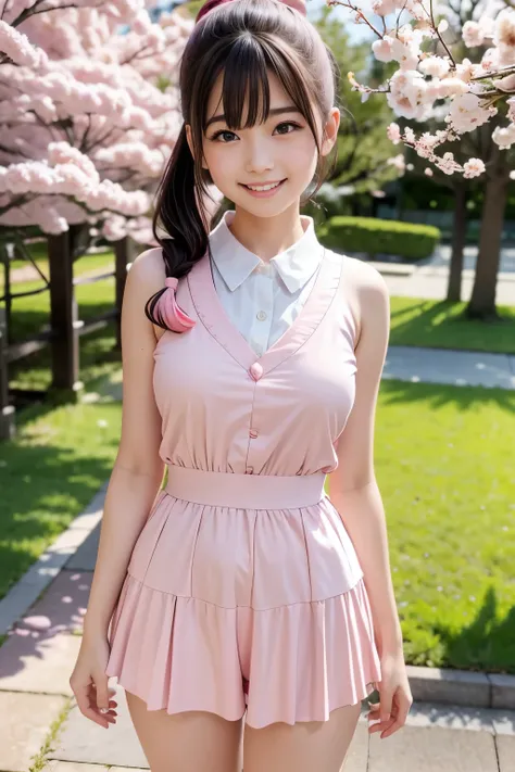 standing under a cherry tree, Japanese girl,20 year old idol girl , cute, (light pink virgin killer outfit:1.5), Shining eyes, black hair ponytail, Depth of the bounds written, f/1.8, anatomically correct, Roughskin , super detail, more information, high q...