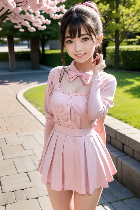 standing under a cherry tree, Japanese girl,20 year old idol girl , cute, (light pink virgin killer outfit:1.5), Shining eyes, black hair ponytail, Depth of the bounds written, f/1.8, anatomically correct, Roughskin , super detail, more information, high q...