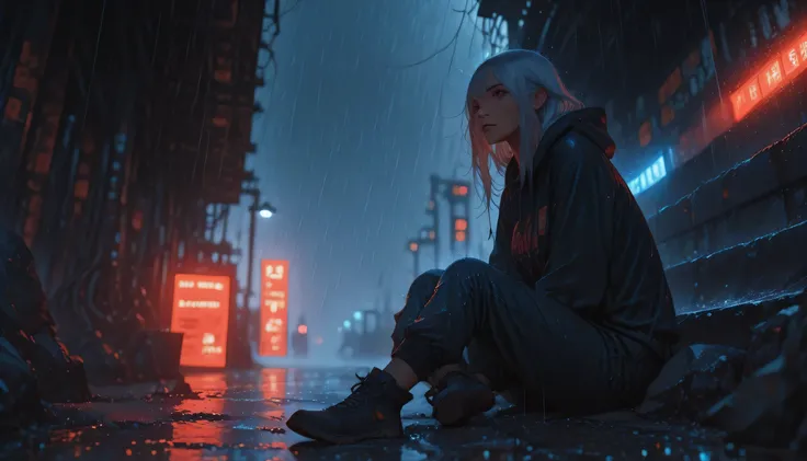 1girl with black Hoodie, Physically-based Rendering, professional, ultra-fine painting, extremely detailed description, detailed face and eyes, Realistic, unreal engine, digital art painting, hyper-realistic, walking, Low-angle,(Sitting under rain), white ...
