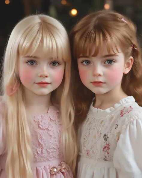 Realistic 4k photo with two beautiful s , white porcelain leather, light blue eyes, rosy cheeks, They are Russian. She is a girl with bangs and long straight BLACK hair with a red ribbon and a GIRL WITH LONG BLONDE HAIR. They are adorable, with long hair, ...