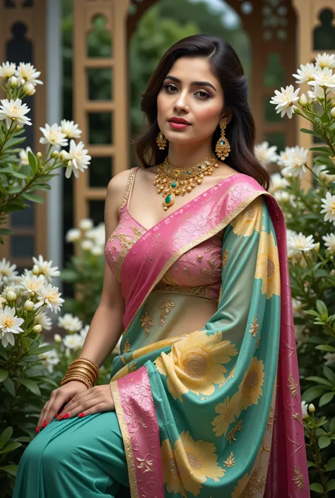 A captivating portrait of a beautiful woman in a traditional Indian saree, posed elegantly in a lush garden setting. The saree is a stunning combination of vibrant yellow and black, adorned with intricate gold embroidery and embellishments. The blouse feat...