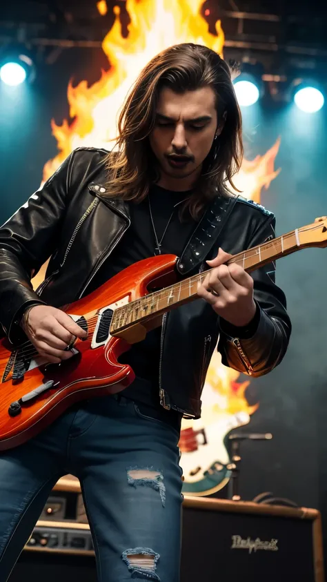 focus on strong rock stars , Black Leather , wearing Black Leather jacket and ripped jeans , dark eyeliner and black lipstick , Heavy Music , ferocious man , standing tall , Epic guitar solo , Guitar Fire , metal male guitarist , Man playing guitar , Me...