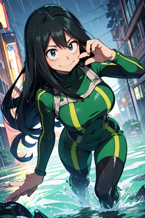 Full Body、SEXY POSES、 Froggy Rainy Season,\(My Hero Academia\),My Hero Academia,Perfect picture,Asuitsuyu ,\(My Hero Academia\),My Hero Academia,Perfect picture,perfect eyes,brown eyes, long black hair、wears a sexy bodysuit、 Very Sensual
