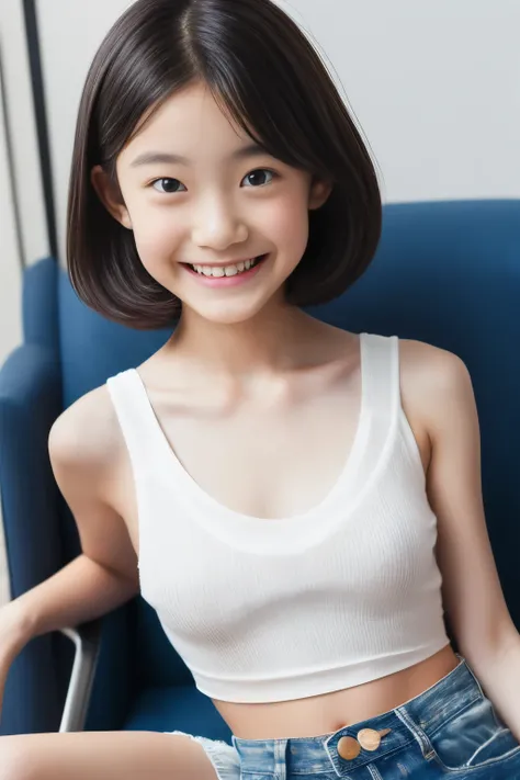 digital portrait、Live Action Depiction of the Human Body 、raw photo、one elementary school girl、Gentle grey eyes、plump lips due to violence、Happy Expression、flat chested、super short hair、brown hair、(((Sheer White Tank Top、denim shorts、belly button out、thigh...