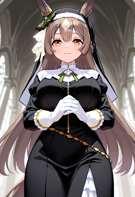 masterpiece, top quality, high resolution, 超high resolution, perfect pixel, depth of field, 4K,anime screen capture, satono diamond \(umamusume\), Horse Ears, ,horse girl, horse tail, pale skin, half up style, brown eyes, long hair,  light brown hair,  nun...