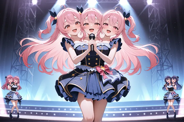 masterpiece, best quality, absurdres, conjoined, 4girls, 4 heads, multiple girls, idol girl on stage, singing, smile open mouth, dress, long hair, stage light, holding microphone, solo, rating_safe