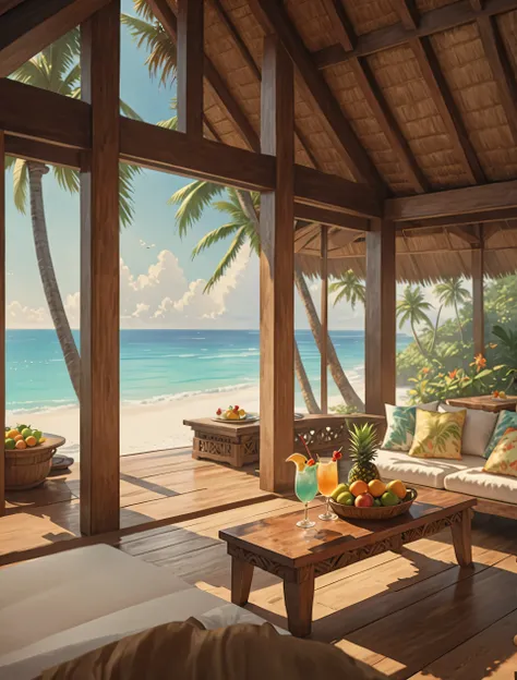 open-air luxury tropical pavilion with minimal walls, a high detailed thatched roof supported by dark wooden beams, wide unobstructed view of the ocean taking up a large part of the frame, infinity pool reflecting the sky, soft white sand beach with lush g...