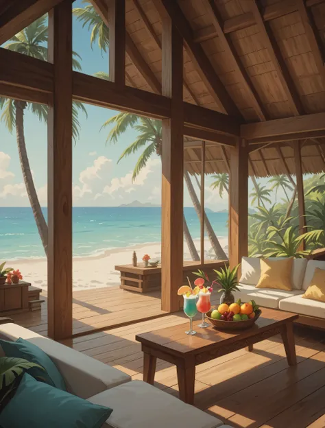 open-air luxury tropical pavilion with minimal walls, a high detailed thatched roof supported by dark wooden beams, wide unobstructed view of the ocean taking up a large part of the frame, infinity pool reflecting the sky, soft white sand beach with lush g...