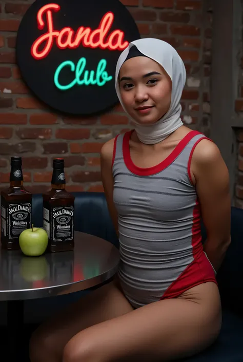 face cute smile , Front posing, Wearing Scarf neck tie, Front posing, SKINNY SUPER OLD LADY, memakai kacamata rabun,  (Thighs and calves huge muscles), (((MOODY FACE EXPRESSION))), "Wearing Hijab perfectly",  wearing Scoop Neck Sleeveless grey & red Bodysu...