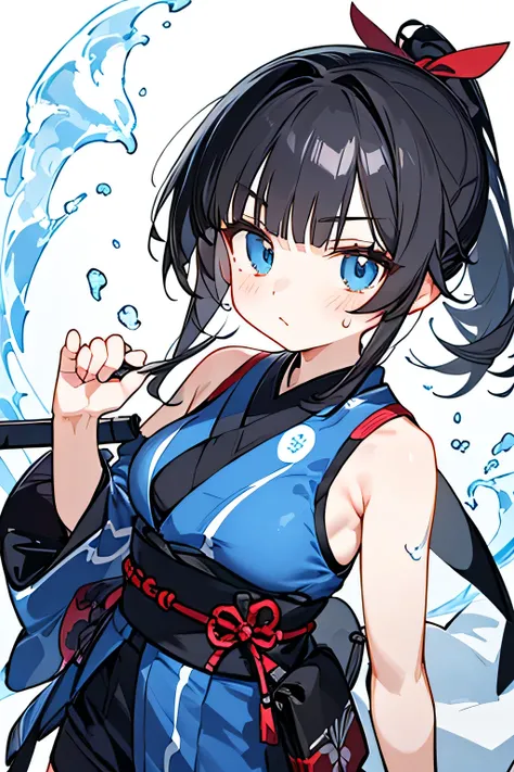 NINJA WIND,Beautiful girl,((cool x ponytail)),mystical vibe, natural body,Hand guard,(sleeveless x kimono style+Long hem x shorts=navy blue ninja costume)Niso x foot bag,Detailed Clothes,(Slender Body,marshmallow breasts ,),BEAUTIFUL BLACK HAIR,Beautiful b...
