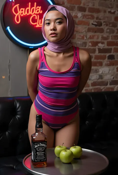 face cute smile , Front posing, Wearing Scarf neck tie, Front posing, SKINNY SUPER OLD LADY, memakai kacamata rabun,  (Thighs and calves huge muscles), (((MOODY FACE EXPRESSION))), "Wearing Hijab perfectly",  wearing Scoop Neck Sleeveless purple & red Body...
