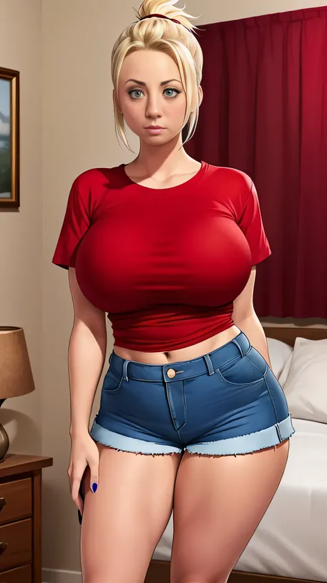 Kaley Cuoco, (Kaley Cuoco:1.5), masterpiece quality, (masterpiece quality:1.3), detailed, realistic, (realistic:1.3), 1girl, solo, (solo:1.9), blonde hair, (blonde hair:1.5), in a bedroom, (in a bedroom:1.5), bed in background, (bed in background:1.5), wea...