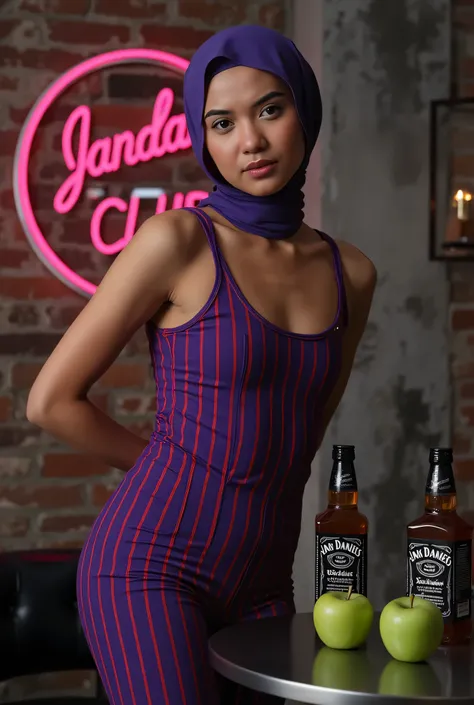 face cute smile , Front posing, Wearing Scarf neck tie, Front posing, SKINNY SUPER OLD LADY, memakai kacamata rabun,  (Thighs and calves huge muscles), (((MOODY FACE EXPRESSION))), "Wearing Hijab perfectly",  wearing Scoop Neck Sleeveless purple & red Body...