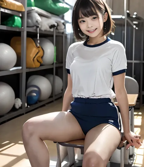 ( top quality 、 super fine) 、 masterpiece、Clear Photo、 (Photoreal:1.6)、 with an optimal ratio of 4 index fingers to 1 thumb {x} professional photography lighting 、Sit in the gym warehouse 、Smile、( cute high school girl 、Yuki Yoda 、idol cl...