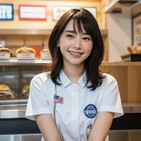 She is a cheerful girl working behind the counter at a cozy burger shop. She is wearing a cute burger shop uniform and smiling warmly at the customers. The background shows a bright and clean fast food counter with menu boards. Medium length hair, dark hai...