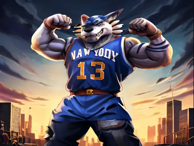 original loose fitting large official basketball jersey, long size, wrinkled, color navy blue, with letters New York and the number 13.