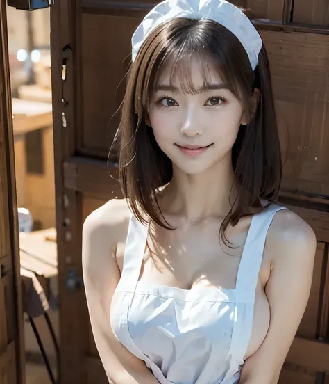 (softwares:1.8、top quality、masterpiece、 super fine)、Clear Photo、(Photoreal:1.6)、Natural Light、 Super cute 、 cute Yuki Yoda 、Baby Face、Big breasts、 Thin Waist、 VERY SHORT HAIR :1.6、brown hair、Smiling、Beautiful skin、(is naked and wearing an apron...