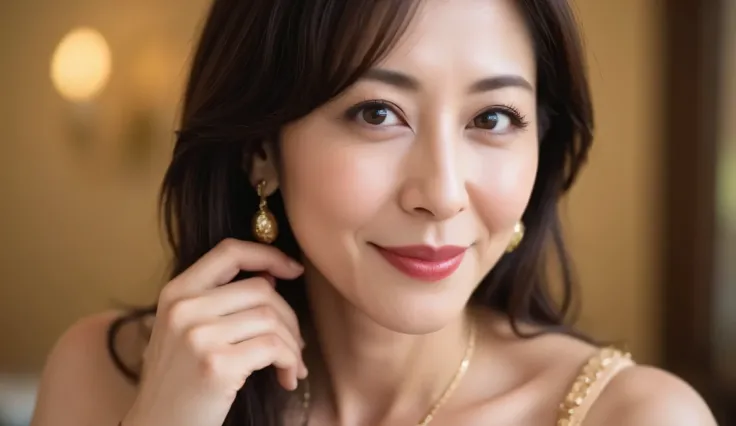 Close-up of glamorous golden diva makeup on a 48-year-old Japanese woman. She is wearing sparkling gold-toned eyeshadow, Cheekbones sculpted with warm bronzer, and a glossy, Deep brown lip color. Her dark brown hair is styled in gentle waves, Gracefully re...