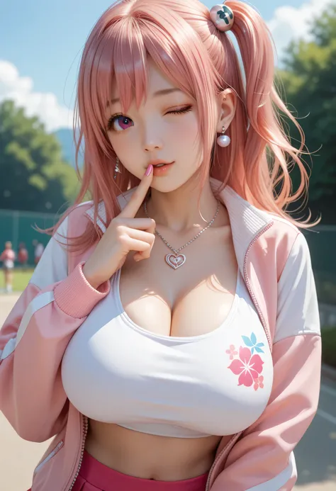 , Japanese beautiful girl, pink hair, honoka,  sport jacket, micro skirt，乳沟，低胸,  , earrings, necklace, flower，调皮的表情, huge breasts,finger to lips,
The woman winks with one eye open and one eye closed, a playful expression., close view
