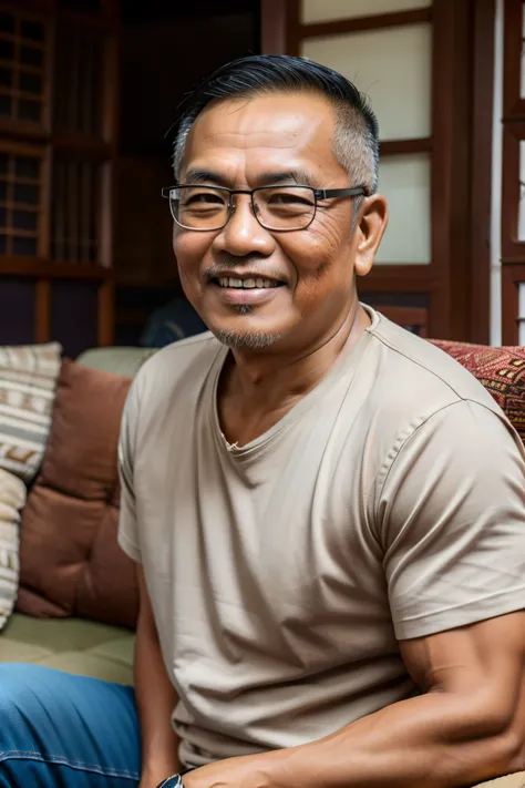 High Resolution, 4K, Photorealistic close-up of an Indonesian middle-age Man is sitting on a sofa while smiling to camera. He has a medium brown skin and strong build, Fatherly face. He wears a Glasses, Shabby over size t-shirt and jeans. The atmosphere on...