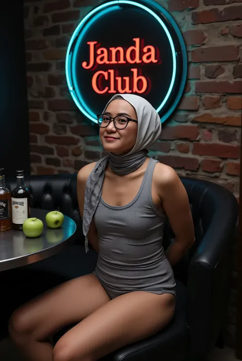 face cute smile , Front posing, Wearing Scarf neck tie, Front posing, SKINNY SUPER OLD LADY, memakai kacamata rabun,  (Thighs and calves huge muscles), (((MOODY FACE EXPRESSION))), "Wearing Hijab perfectly",  wearing Scoop Neck Sleeveless grey & white Body...