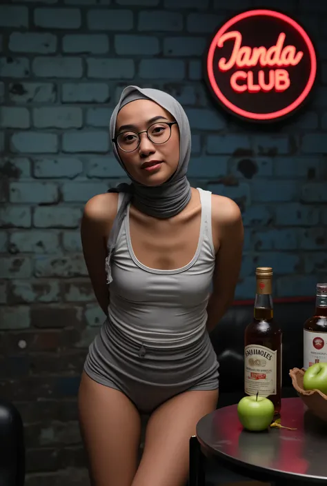 face cute smile , Front posing, Wearing Scarf neck tie, Front posing, SKINNY SUPER OLD LADY, memakai kacamata rabun,  (Thighs and calves huge muscles), (((MOODY FACE EXPRESSION))), "Wearing Hijab perfectly",  wearing Scoop Neck Sleeveless grey & white Body...