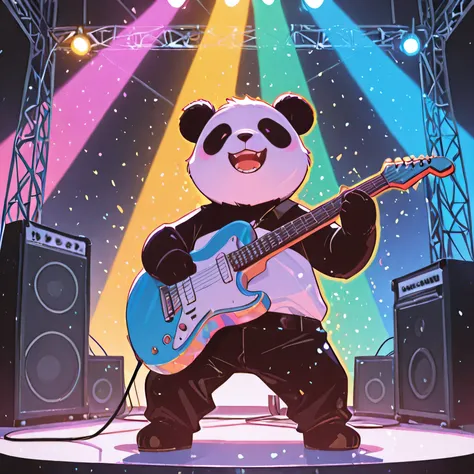 Cartoon panda playing electric guitar on stage, colorful lights, energetic pose