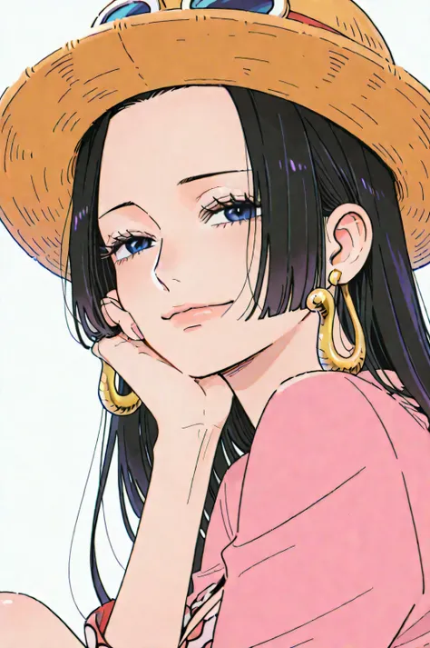 boa hancock (one piece) In love with a happy expression closing her eyes using luffy´s hat, side view