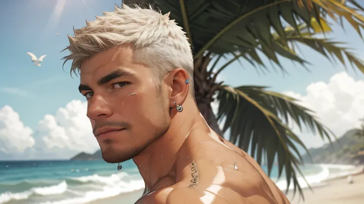 wide frame shot, side view, Best Quality, Detailed, masterpiece, young freshmen, 1boy, solo, (((nipple piercings))), (((septum piercing))), sweat, Beach, Ombre colour Hair red to white