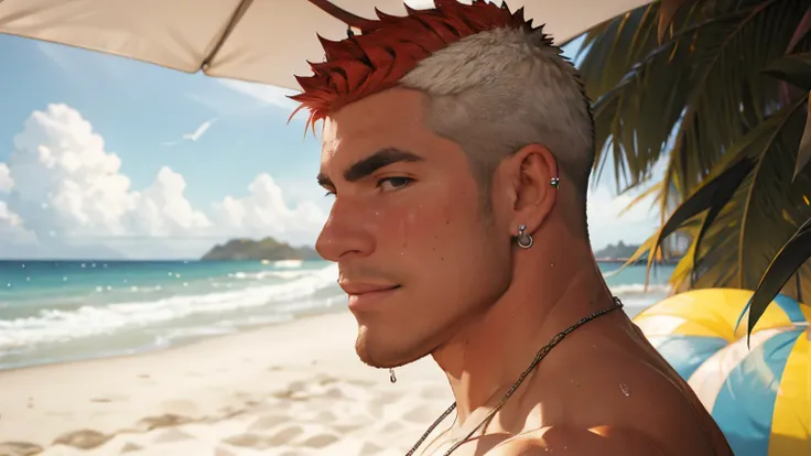 wide frame shot, side view, Best Quality, Detailed, masterpiece, young freshmen, 1boy, solo, (nipple piercings), (septum piercing), sweat, Beach, Ombre colour Hair red to white