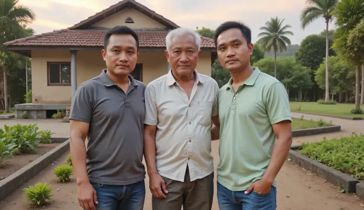 An elderly Indonesian man, around 60 years old, standing outside an old rural house with his two adult sons, 5 and 27. All three are casually dressed and appear close, standing together in front of a well-maintained plantation. The plantation is lush, gree...