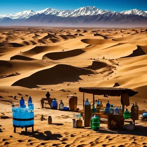 (A small water vendor:1.3)、 desert、an old mosque in the distance、and a higher snowy mountain in the distance、Tien Shang Mountains、Qanat、Sand Dunes、( desertのオアシス、 dates :1.2)