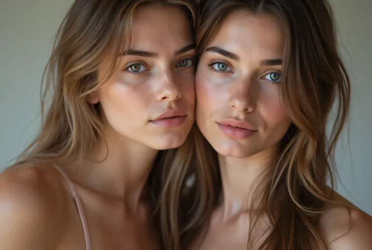 two supermodels, ((supermodel faces)), one is brunette with dark blue eyes, the other one is blonde with brown eyes, the brunette girl is looking straight to the viewer and smiling, (((the blonde girl is liking the other's cheek)), (standing), ((wearing r...