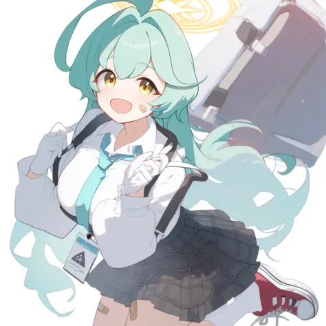 yume \(blue archive\),yellow eyes,green hair,long hair,ahoge,halo,bandaid,blue necktie,white shirt,long sleeves,plaid skirt,(chest harness:0.5),white socks,sneakers,gloves,id card,
score_9,score_8_up, score_7_up, 泣き顔