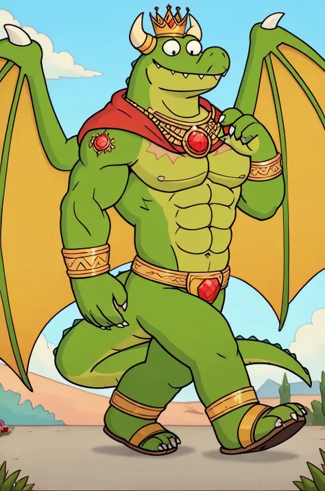 a green giant bad muscular dragon with green scales, 2 big wings, horns, sharp teeth, sharp claws, golden belly, golden armor, golden bracelets with colorful jewels, golden necklaces with colorful jewels, golden crown with colorful jewels, golden belt with...