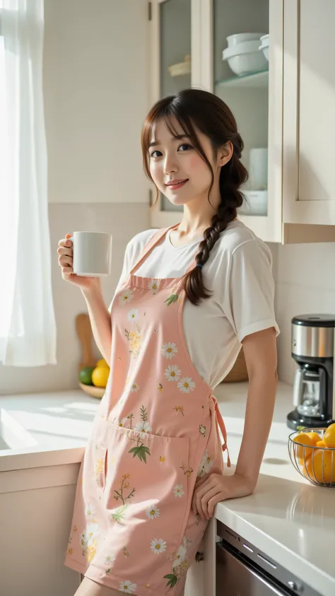 8k, Masterpiece, Top Quality, beautiful Korean woman, clear skin, practical cute braided updo, cheerful patterned cotton one-piece apron dress, knee-length, leaning against modern kitchen counter, holding mug of coffee, smiling happily, looking fresh and awake, bright morning sunlight streaming into kitchen, modern clean kitchen interior, white cabinets, stainless steel appliances, bowl of fresh fruit on counter, medium shot, capturing bright morning kitchen vibe.
