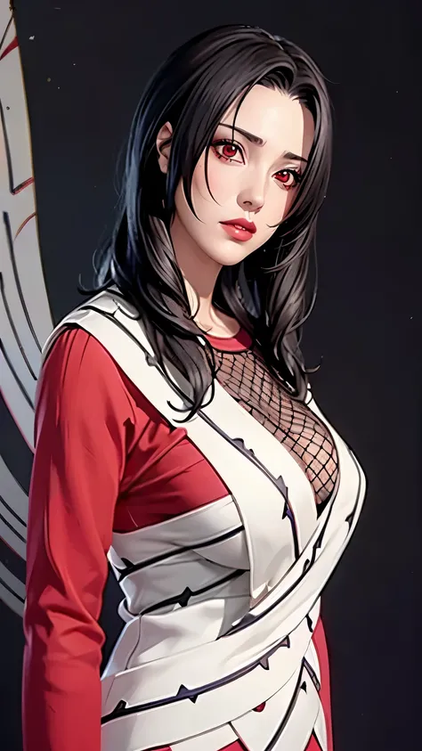 （（（完美figure，figure，forehead protector，bandaged hand，konohagakure symbol，fishnets，Red single sleeve，White striped clothes，（（（Kurenai Yuhi, black hair, red eyes,  long hair,makeup，red eyes，lipstick，）））型figure:1.7））），((masterpiece)),high resolution, ((Best qu...
